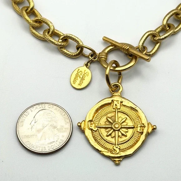 Susan Shaw Gold Tone Compass Pendant Toggle Necklace 16”24K Gold PlatedEUC